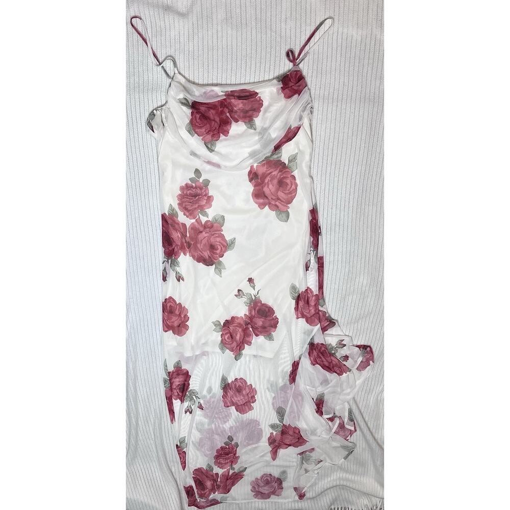 Floral Asymmetrical Hem Ruffle Mesh Midi Dress Babydoll Fairy Sz L NWT